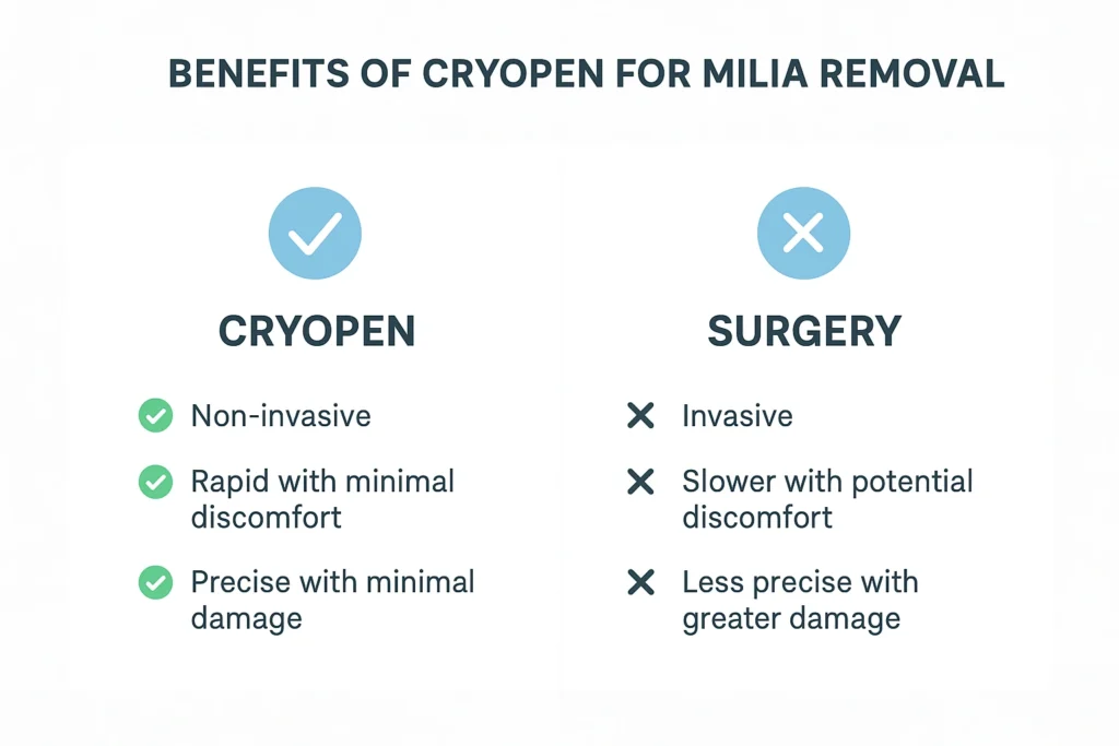 Benefits of cryopen for milia removal Hackney Wick compared to surgical treatments.