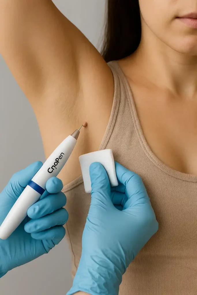 woman having cryopen to remove underarm skin tags Hackney Wick