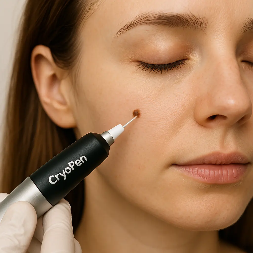 woman receiving facial mole removal Hackney Wick using cryopen