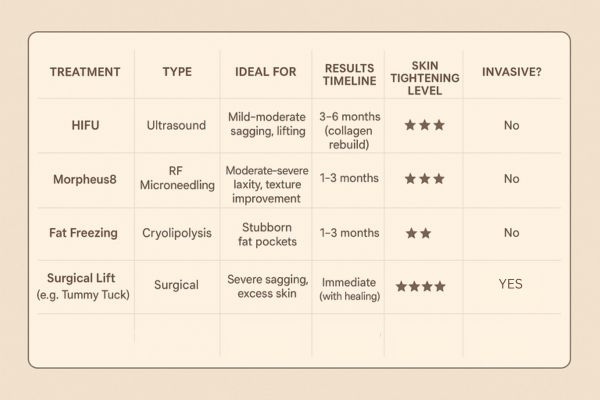 Table showing the comparisons of Skin tightening Hackney Wick treatment options.